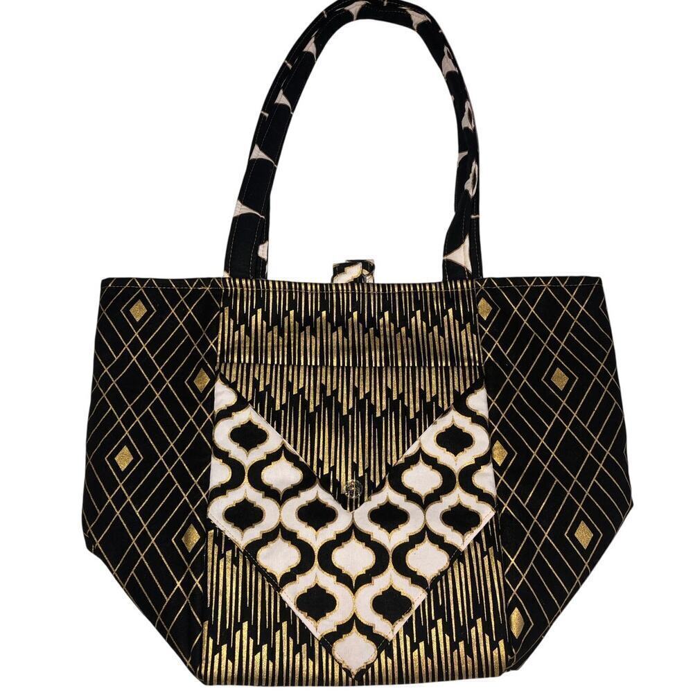 Bag Shoulder Tote Handmade Gold Black White Print New Fabric Lightweight Bold
